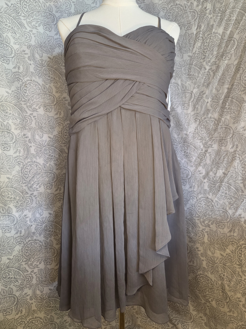 David's Bridal Strapless Pleated Taupe Cocktail Dress
